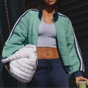 Free People FP Movement Fleece Sherpa Scrunchy Pippa Jacket - Green & Navy - XS